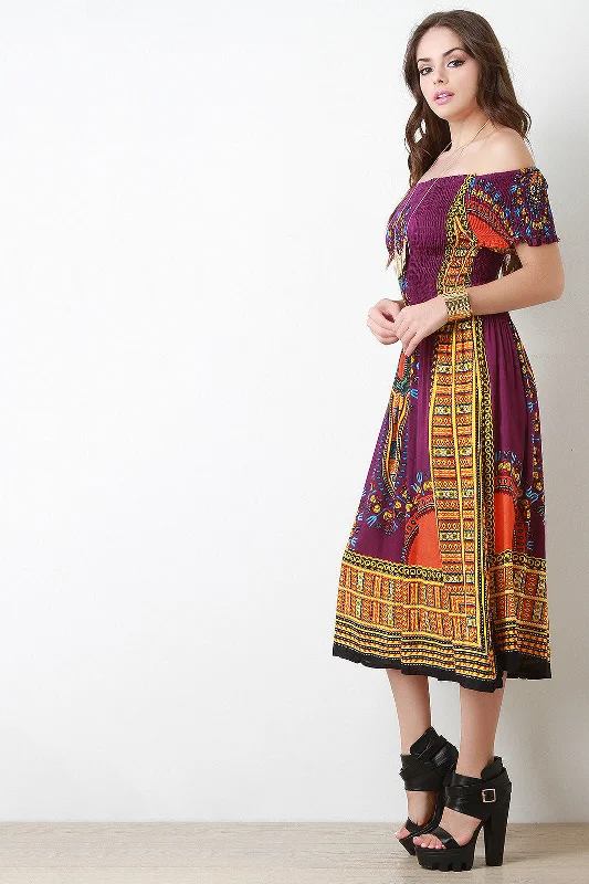 Midi dresses with luxurious fabrics-Off The Shoulder Dashiki Print Smocked Midi Dress