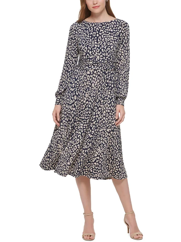 Midi dresses with crochet designs-Womens Leopard Print Ruched Midi Dress