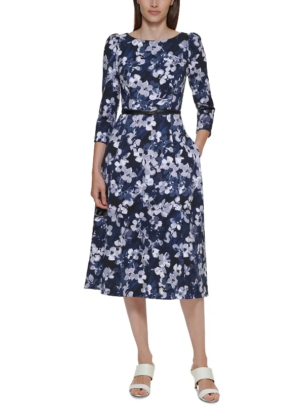 Midi dresses for a summer evening stroll-Womens Knit Floral Midi Dress