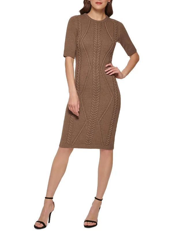 Elegant midi dresses with detailed lacework-Womens Cable Knit Midi Sweaterdress