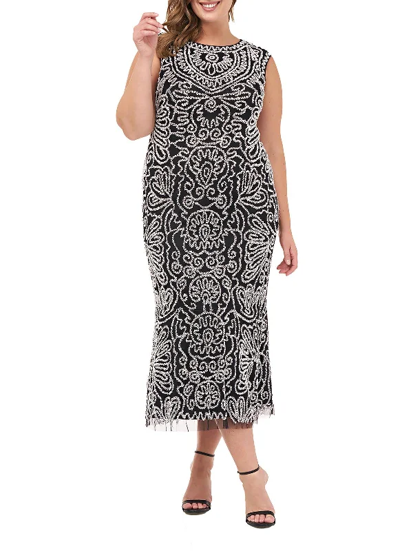 Trendy midi dresses for fashionable outings-Plus Womens Beaded Midi Cocktail and Party Dress