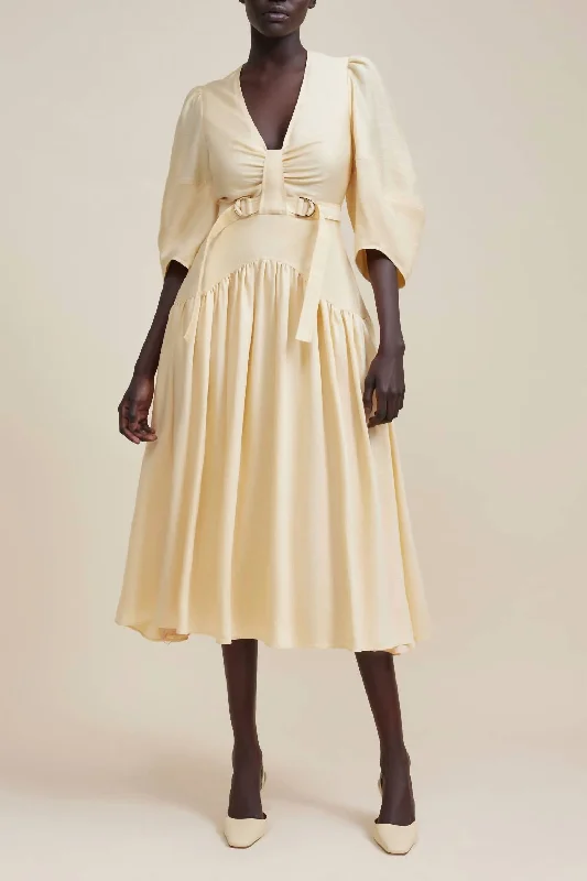 Midi dresses with dramatic sleeves-Burton Midi Plunging Neckline Dress In Buttermilk