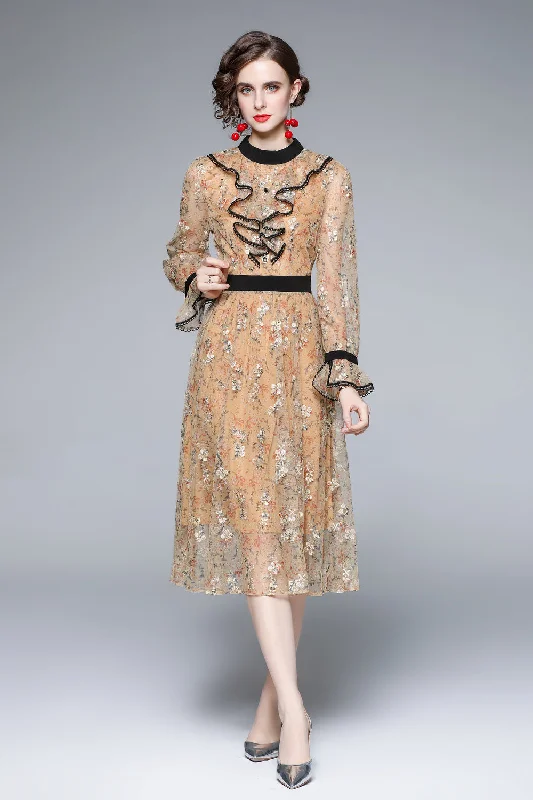 Midi dresses for formal work events-Pale orange Evening Lace Ruffled A-line Crewneck Long Sleeve Midi Dress