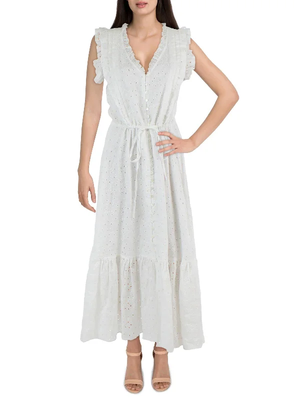 Midi dresses for beach holidays-Womens Eyelet Tea Length Midi Dress