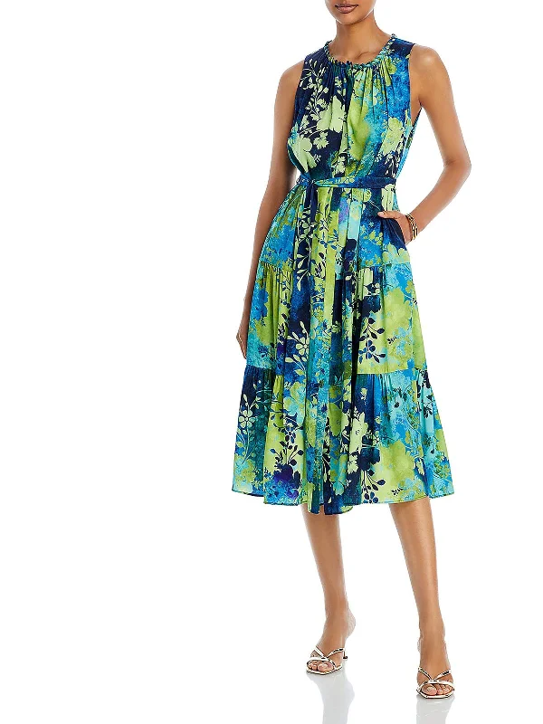 Midi dresses with a tie-back design-Nancy Womens Floral Print Midi Fit & Flare Dress