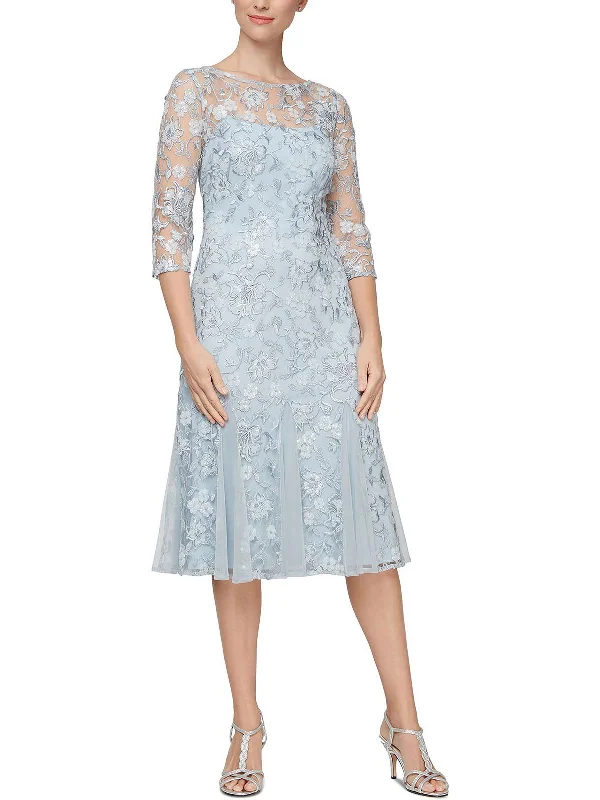 Midi dresses for family reunions-Petites Womens Lace Sequined Midi Dress