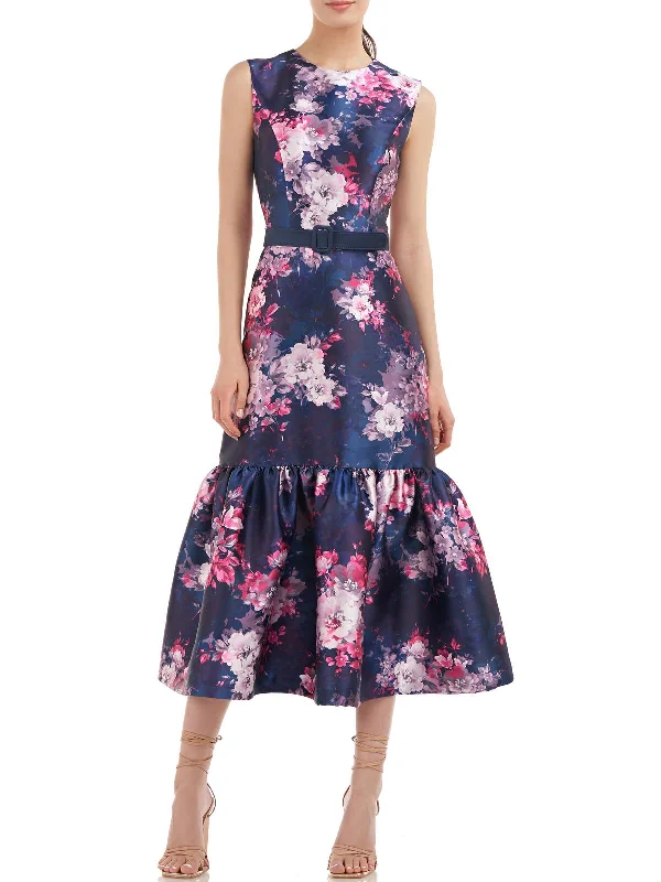 Midi dresses with a floral design for weddings-Womens Floral Midi Cocktail and Party Dress