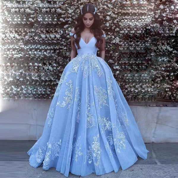 Evening dress with rhinestone accents-Ball Gown Lace Appliqued Off the Shoulder Quinceanera Dress