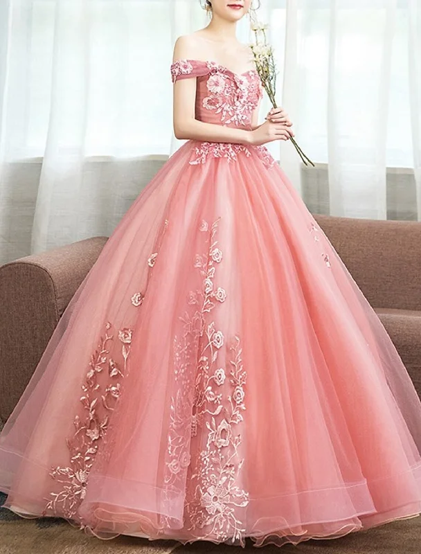 Evening dress with geometric patterns-Ball Gown Quinceanera Dresses Princess Dress Floor Length Sleeveless Off Shoulder Polyester with Appliques