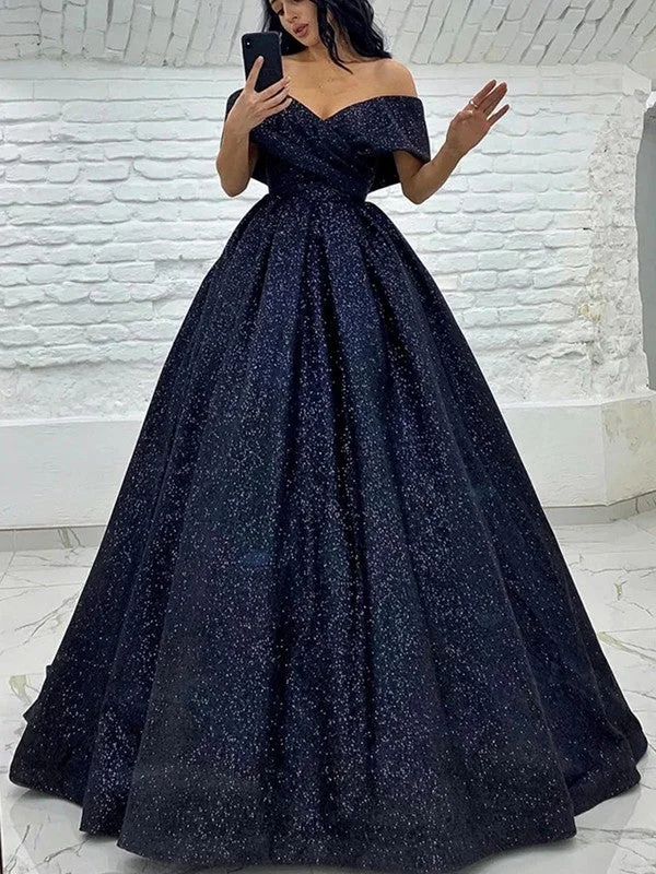 Evening dress for glamorous affair-Ball Gown Ruched Off-the-Shoulder Sleeveless Sweep/Brush Train Dresses