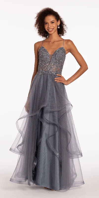 Evening dress with stunning fabric finish-Beaded Embroidered Plunging Tiered Tulle Ballgown