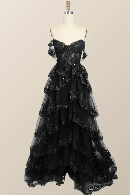 Evening dress for classy event-Black Lace Off the Shoulder Tiered Layers Long Formal Gown