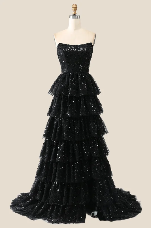 Evening dress for chic gala-Black Sparkle Tulle Tiered Ruffles Gown