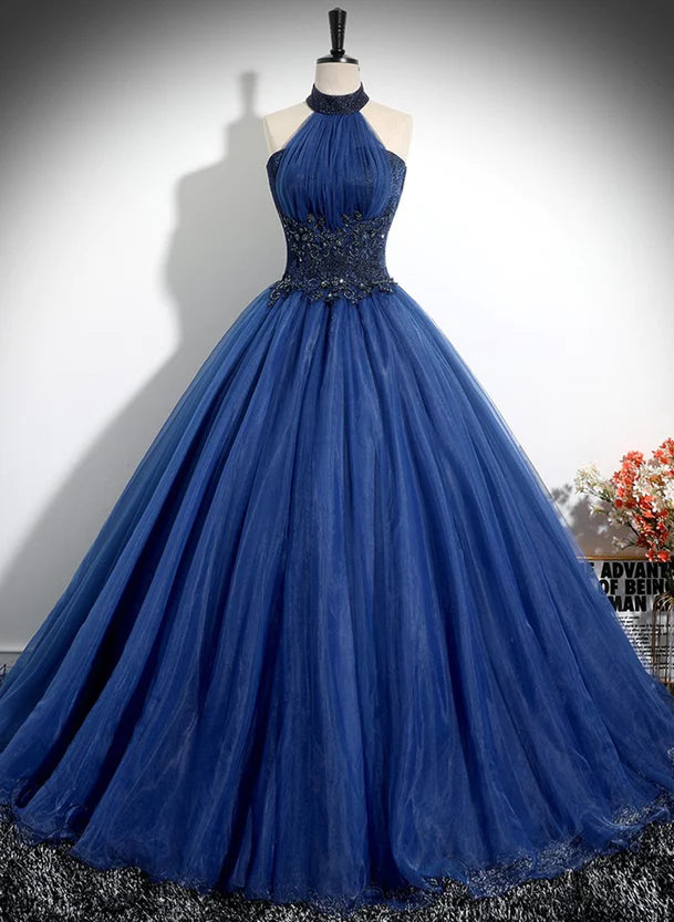 Evening dress for intimate event-Blue High Neckline Ball Gown Formal Dress Blue Tulle Sweet 16 Dress Party Dress