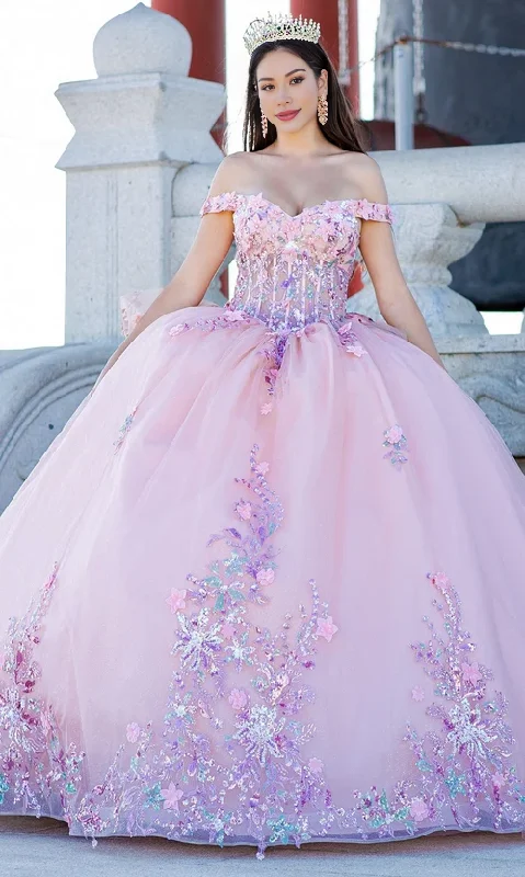 Elegant evening dress with layered skirt-Blush Quinceanera Ball Gown Princess Dress Floor Length Sleeveless Off Shoulder with Appliques