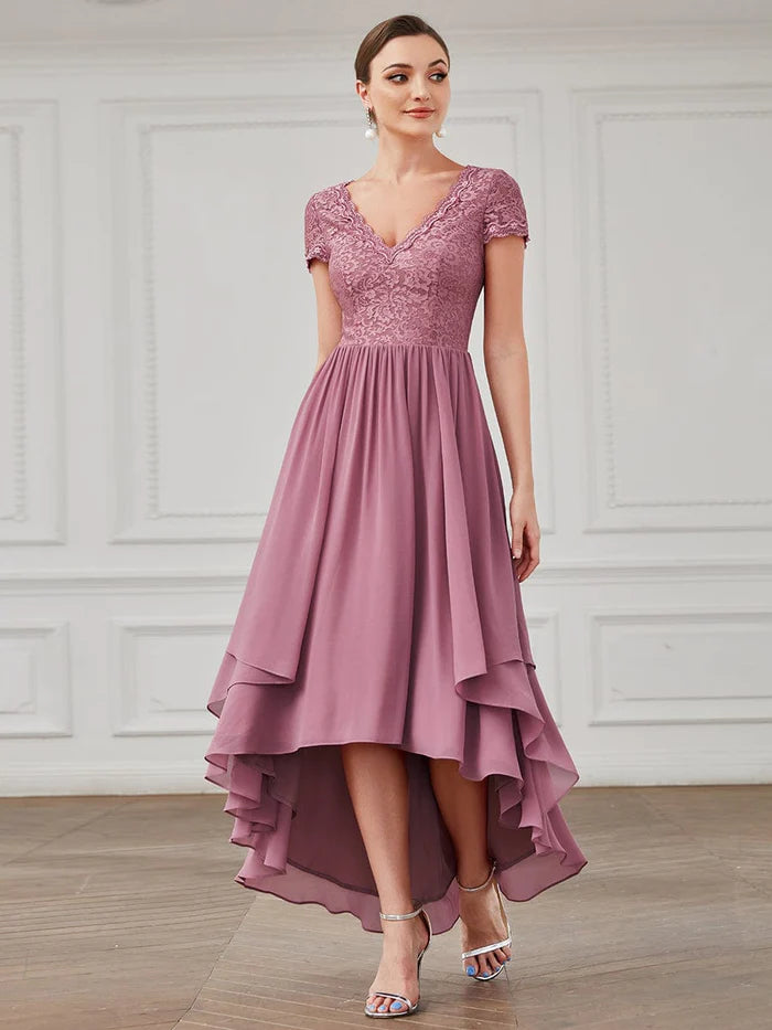 Evening dress with romantic silhouette-Brief Sleeve Vintage Ribbons Short Sleeve Higher Low Mother of the Bride Gown