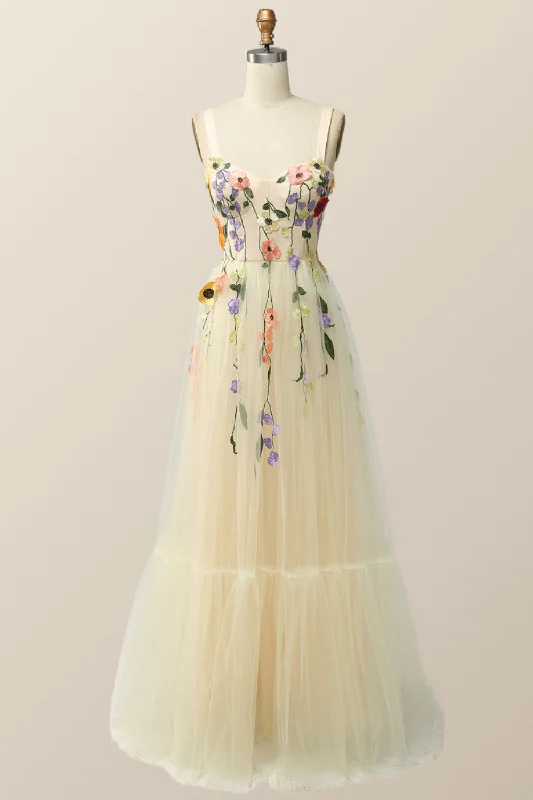 Evening dress for charming celebration-Champagne Tulle and Floral Embroidery Formal Gown