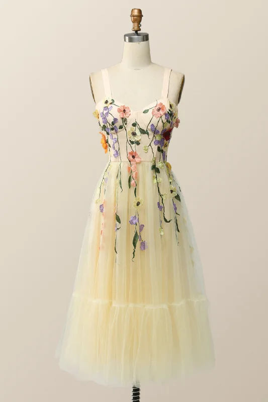 Evening dress for a glamorous event-Champagne Tulle and Floral Embroidery Tea Length Gown