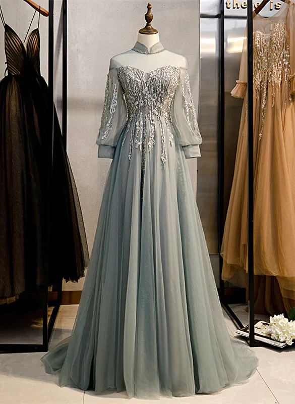 Evening dress with layered skirt-Charming Tulle Long Sleeves Beaded and Lace Long Party Dress A-line Tulle Formal Gown