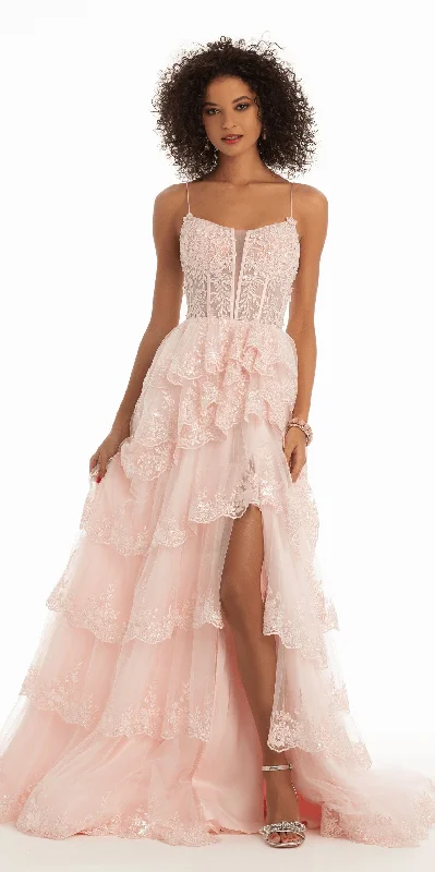 Evening dress for formal evening-Embroidered Plunging Tulle Scallop Tiered Ballgown with Side Slit