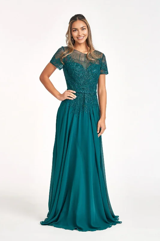 Evening dress with glittery design-Embroidered Short Sleeve Gown Chiffon Mother of the Bride Dresse