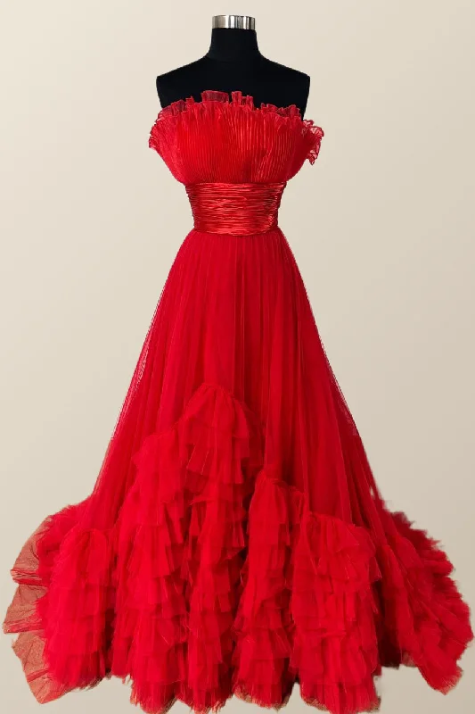 Evening dress for timeless look-Fit and Flare Red Tulle Ruffles Long Formal Gown