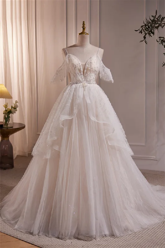 Evening dress with delicate trim-Straps White Tulle Tiered Tulle Formal Gown