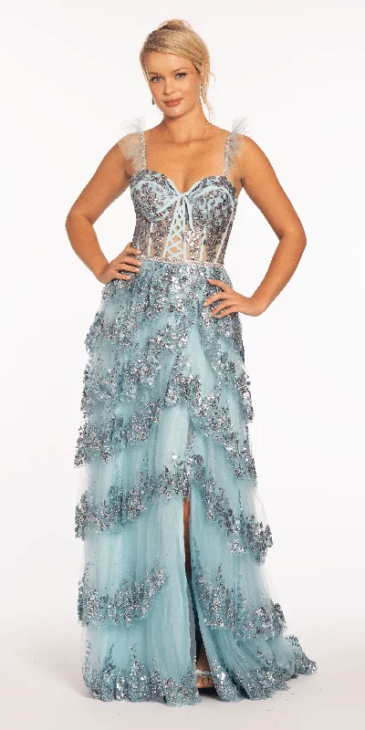 Evening dress for high-profile celebration-Glitter Mesh Corset Tiered Ballgown with Sequin and Ruffle Detail