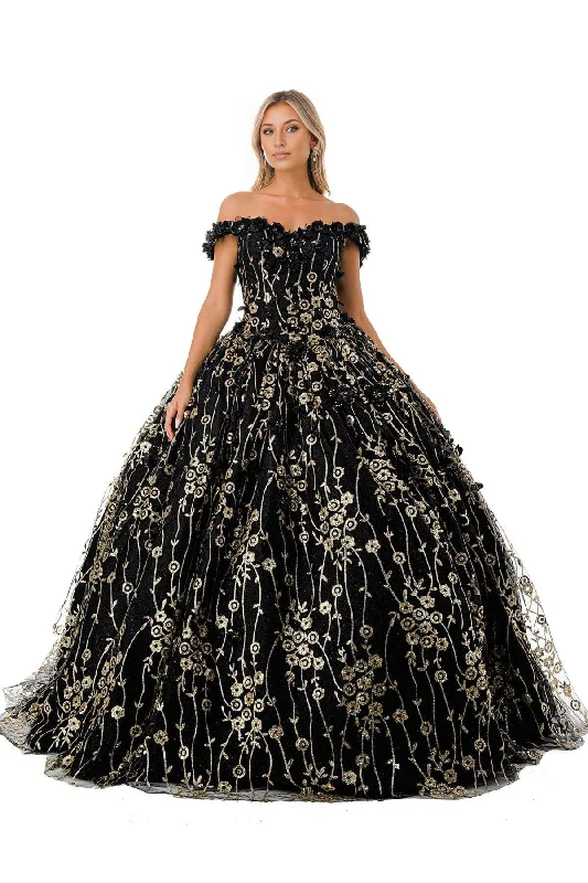 Evening dress with elegant neckline-Gorgeous Black Gold Floral Inspired Off Shoulder Quinceanera Dress Ball Gown Princess Dress