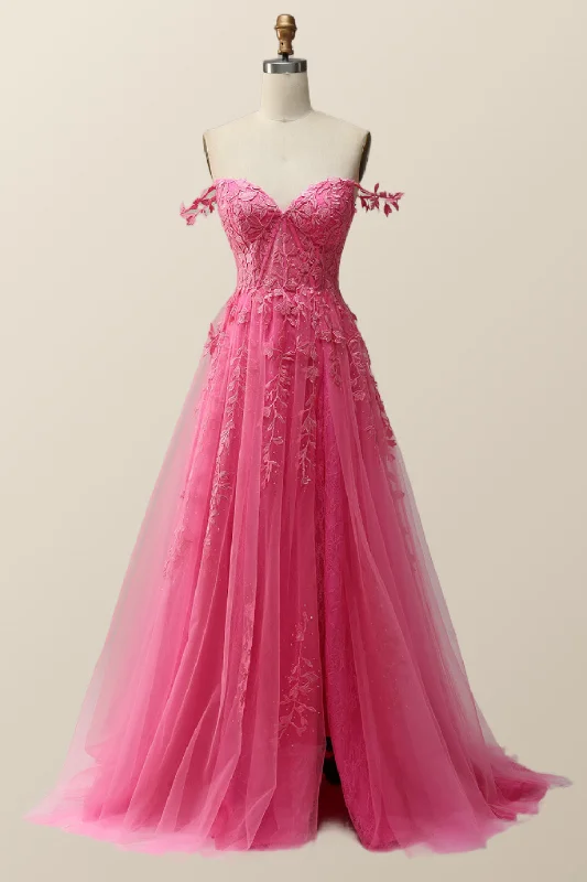 Evening dress with flattering waistline-Hot Pink Lace Appliques A-line Long Formal Gown