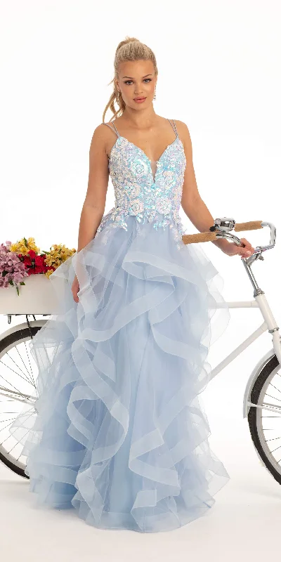 Evening dress for stunning event-Iridescent Sequin Plunging Tulle Tiered Ballgown