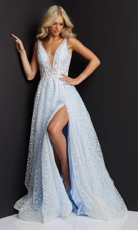 Evening dress with chic accents-Low-V-Back Light Blue Sheer-Bodice Prom Ball Gown