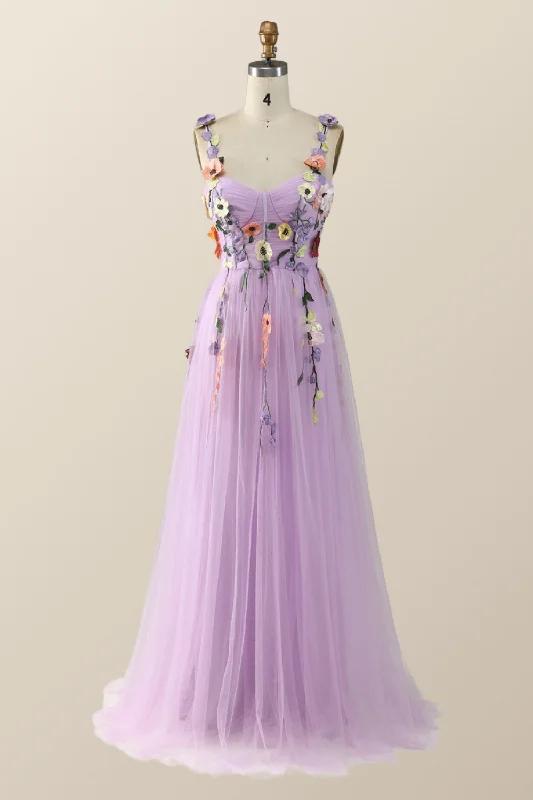 Evening dress with detailed embellishments-Lavender Tulle and Floral Embroidery Long Formal Gown