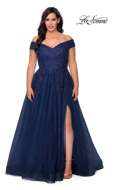 Evening dress for unique event-La Femme Embroidered Plus-Size Formal Ball Gown