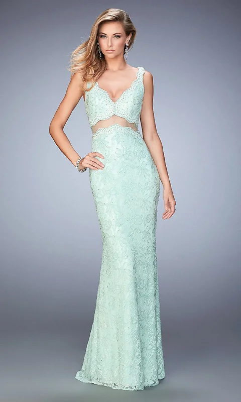 Evening dress for exclusive gathering-Lace Midriff Cut Out Long La Femme Formal Gown