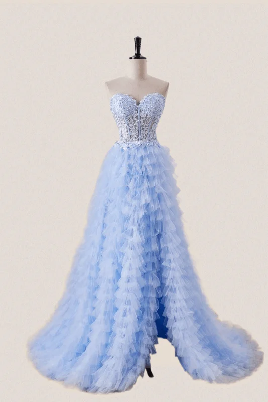 Evening dress for formal wedding-Light Blue Appliques A-line Tiered Ruffles Formal Gown