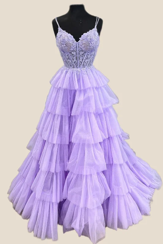 Evening dress for unforgettable event-Lilac Appliques and Tulle Tiered Ruffle Gown