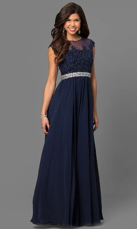 Evening dress with elegant silhouette-Long Formal Prom Gown with Cap Sleeves