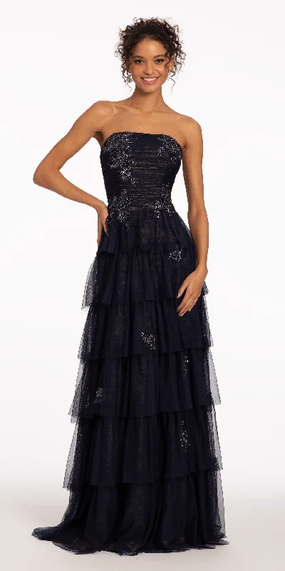 Evening dress for fabulous function-Mesh Strapless Floral Applique Tiered Ballgown