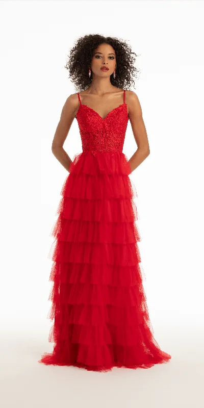 Evening dress for fabulous gala-Mesh Tiered Corset Keyhole Back Ballgown