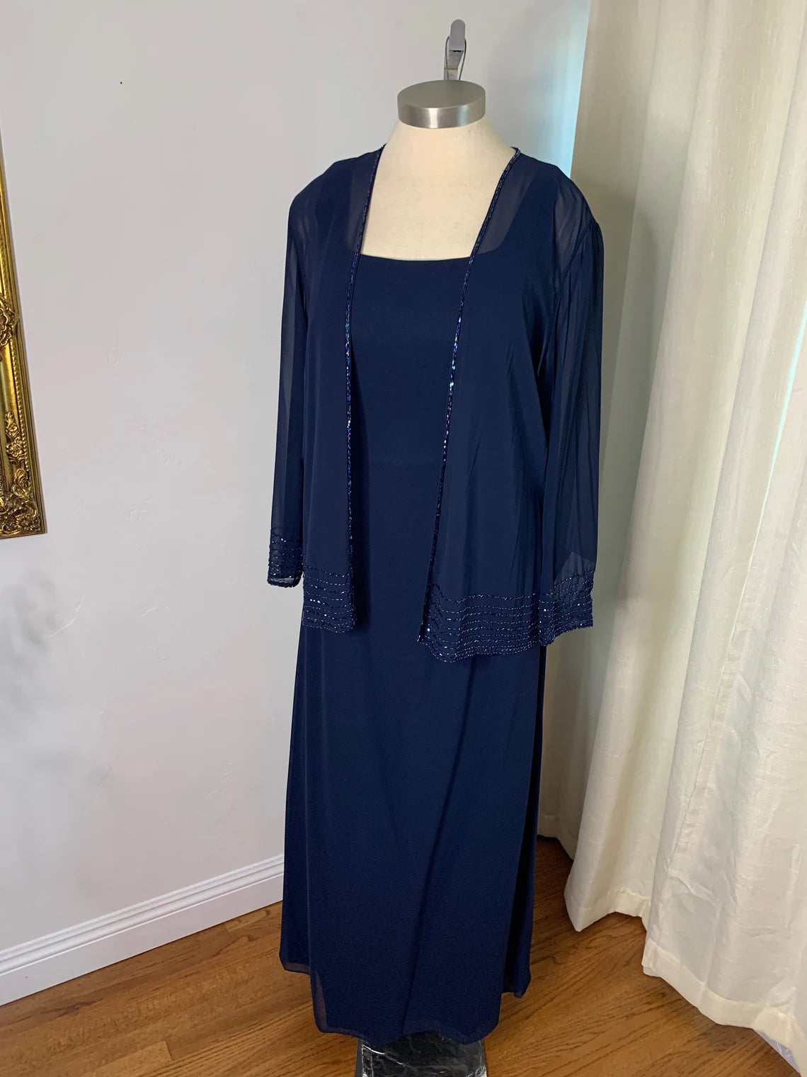 Evening dress with statement belt-Navy Blue 2 Piece Formal Dress with Jacket Mother of The Bride Outfit Beaded Chiffon Jacket Plus Size Navy Gown