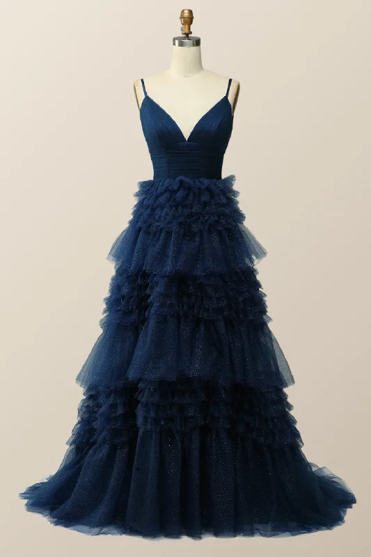 Evening dress with elegant drape-Navy Blue Tiered Ruffle Long Ball Gown with Straps