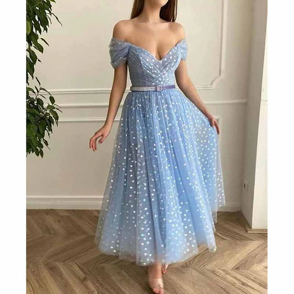 Evening dress for opulent event-Off Shoulder Tulle Homecomng Dress Tea Length Formal Dress Party Gowns with Belt