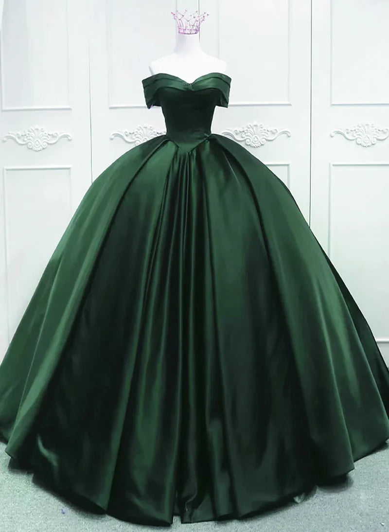 Evening dress for bridesmaids-Off the Shoulder Ball Gown Dark Green Satin Quinceanera Dresses Princess Dress