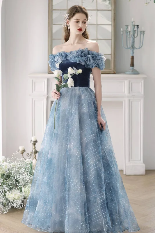 Evening dress for royal affair-Off the Shoulder Blue Velvet Tulle Princess Gown