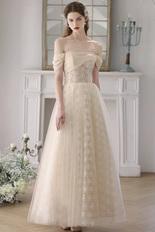 Evening dress for romantic celebration-Off the Shoulder Champagne Tulle Princess Gown