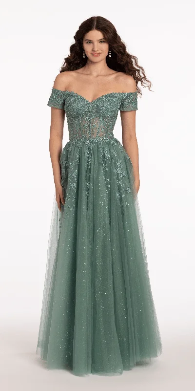 Evening dress for extraordinary gathering-Off the Shoulder Embroidered Tulle Ballgown