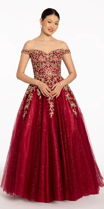 Evening dress for intimate function-Off The Shoulder Metallic Applique Glitter Ballgown