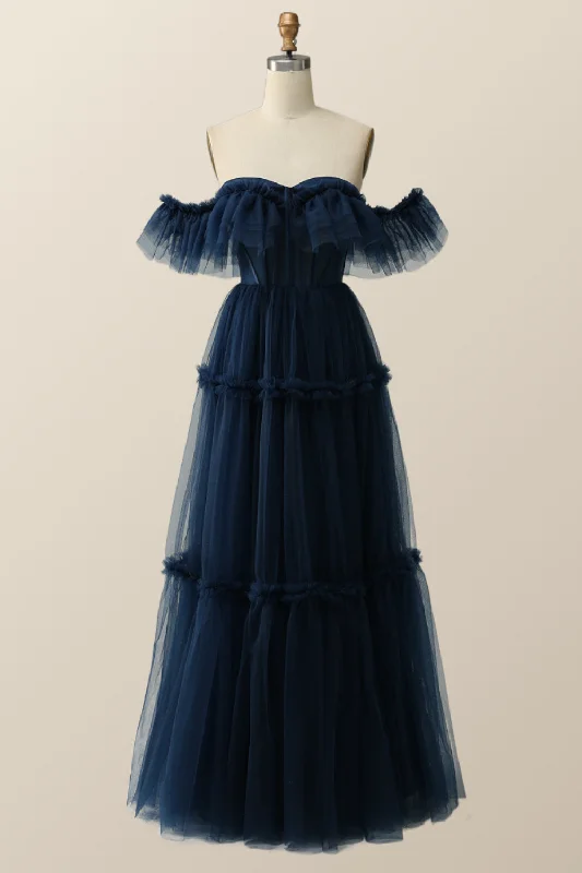 Evening dress for contemporary wedding-Off the Shoulder Navy Blue Tulle Formal Gown