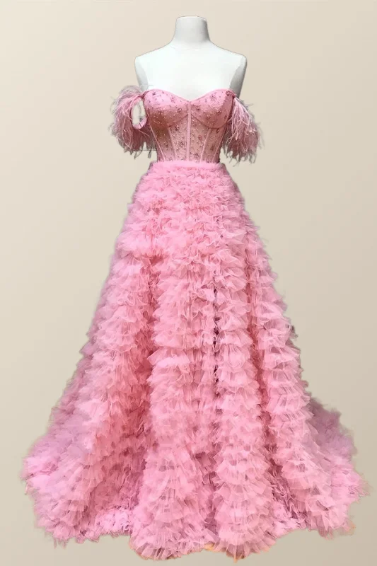 Evening dress with soft detailing-Off the Shoulder Pink Tiered Layers Long Formal Gown